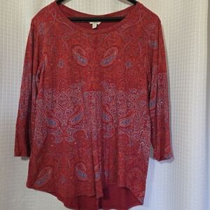 Lucky Brand Boho Top Women Large Red Paisley Knit Split Back Tunic